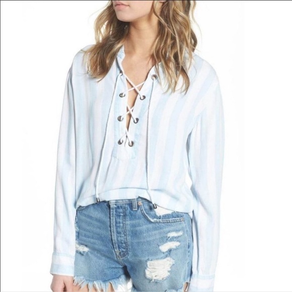Rails Blue White Block Stripe Relaxed Fit Lace-up Shirt - Picture 1 of 9